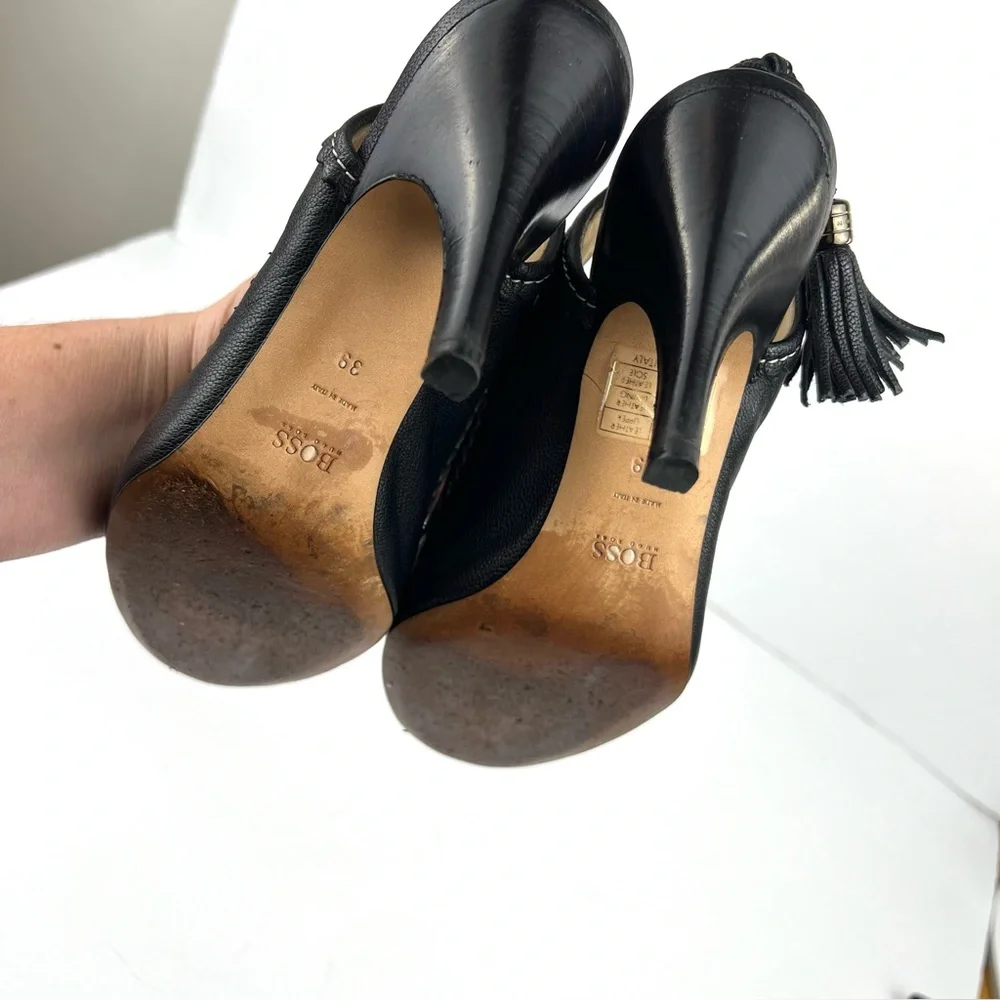 Hugo Boss Tassel Fringe Trim Leather Heels 39/8.0 Black Designer Quiet Luxury - Picture 13 of 17